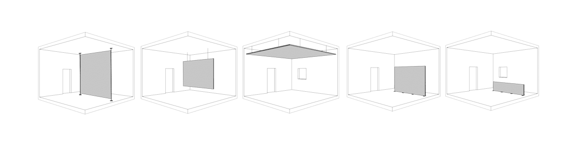 textile printing solutions: partition walls, hanging frame, ceiling display, information display, divider